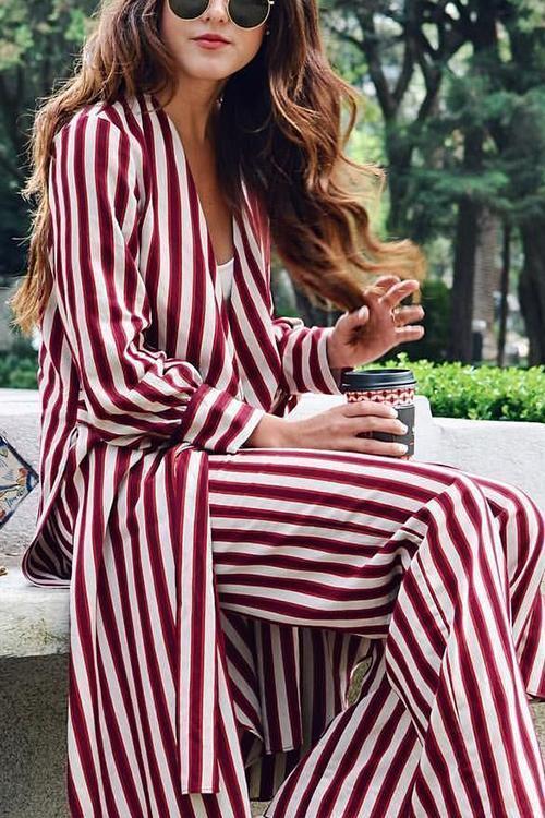 Button Striped Pants Set