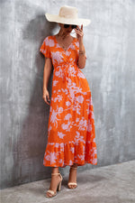 Casual Floral V Neck Short Sleeve Long Maxi Dress