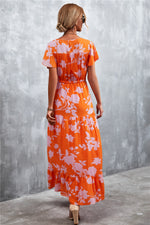 Casual Floral V Neck Short Sleeve Long Maxi Dress