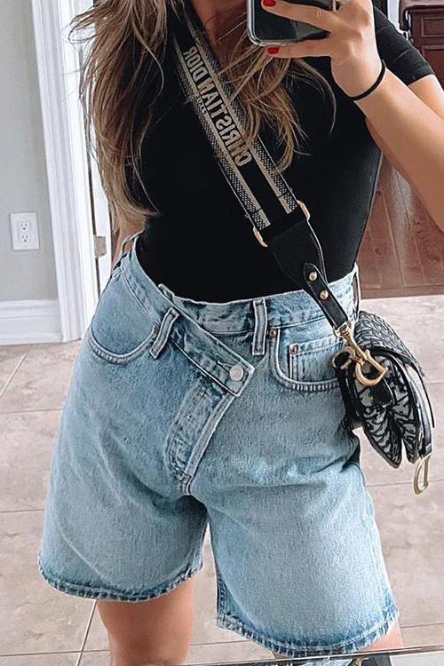 Cross Waist Denim Bermuda Shorts