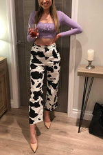 Cow Print Button Straight Leg Jeans