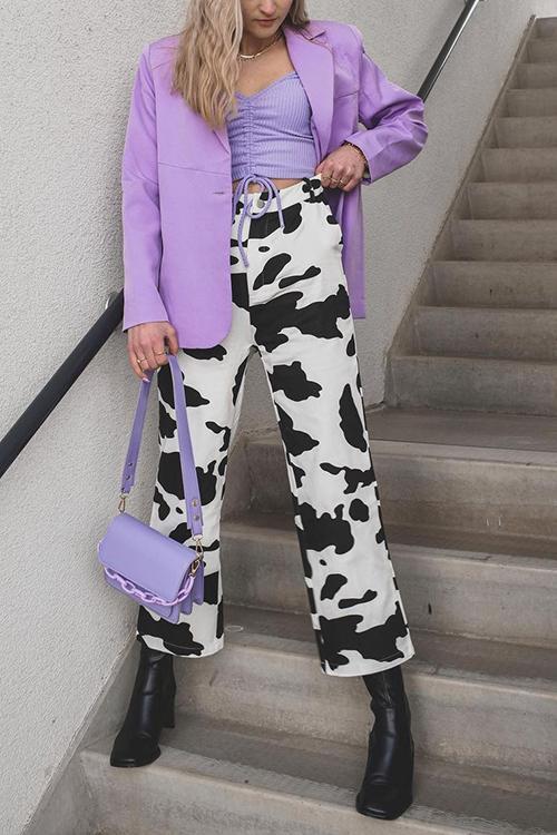 Cow Print Button Straight Leg Jeans