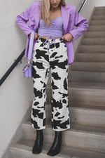 Cow Print Button Straight Leg Jeans