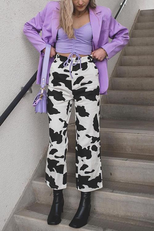 Cow Print Button Straight Leg Jeans