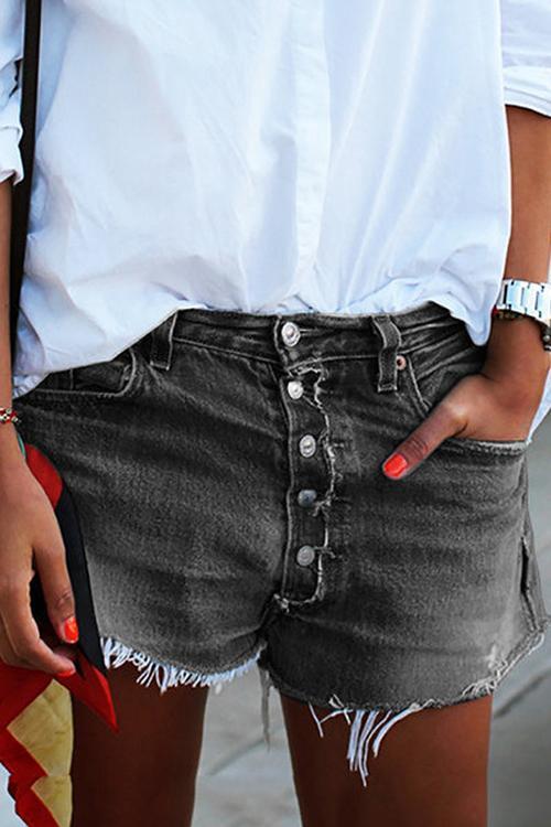 Button Raw Edge Denim Shorts