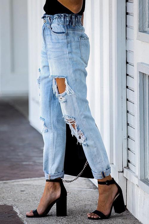 Distressed Paper Bag Waist Jeans