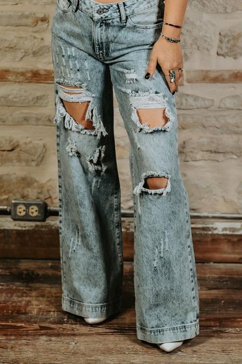 Acid Wash Distressed Wide Leg Jeans