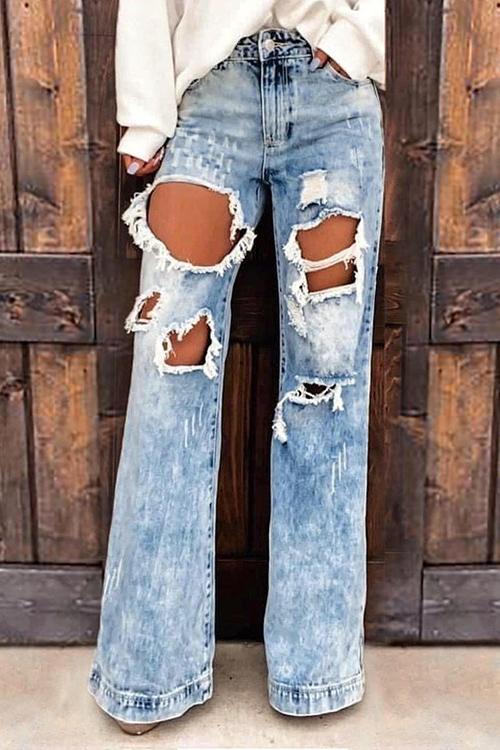 Acid Wash Distressed Wide Leg Jeans