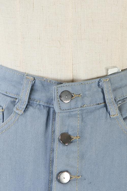 Button Up High Waist Flare Hem Denim Skirt