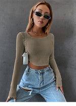 Long Sleeve Round Neck Bodycon Solid Crop Top