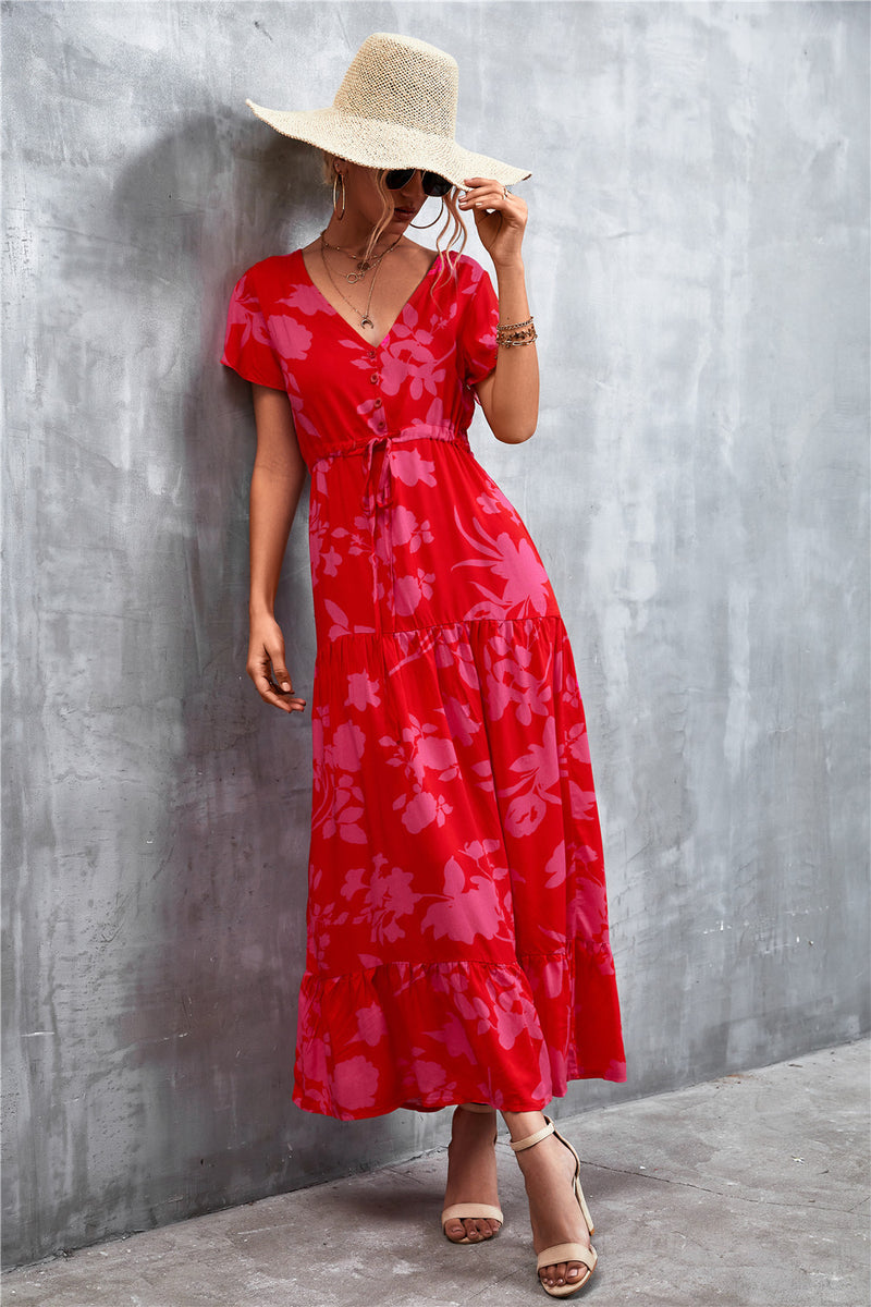 Casual Floral V Neck Short Sleeve Long Maxi Dress