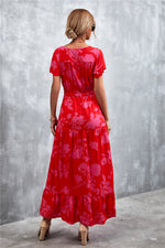 Casual Floral V Neck Short Sleeve Long Maxi Dress