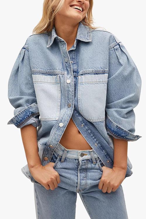 Pockets Color Block Button Denim Jackets