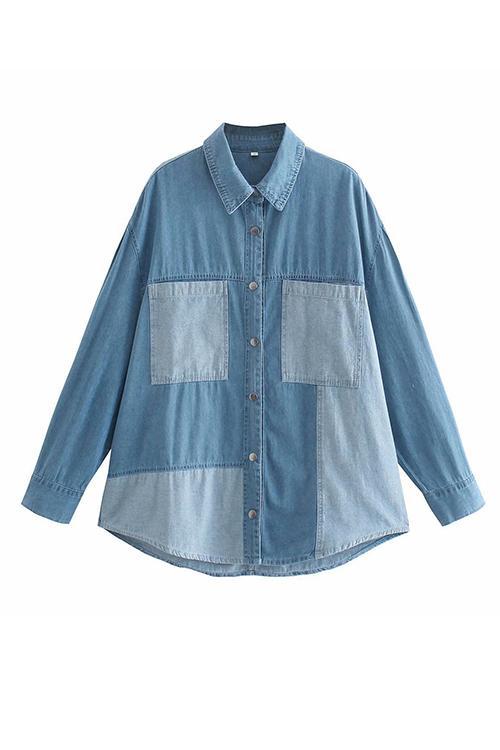 Pockets Color Block Button Denim Jackets