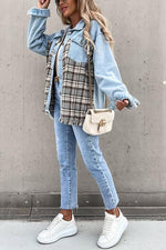 Checked Patchwork Pockets Denim Jacket