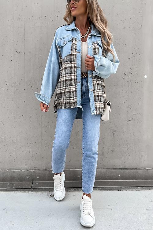 Checked Patchwork Pockets Denim Jacket