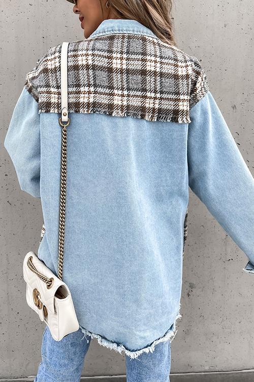 Checked Patchwork Pockets Denim Jacket