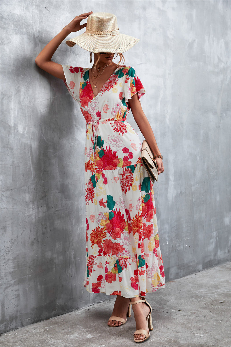 Casual Floral V Neck Short Sleeve Long Maxi Dress