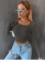 Long Sleeve Round Neck Bodycon Solid Crop Top