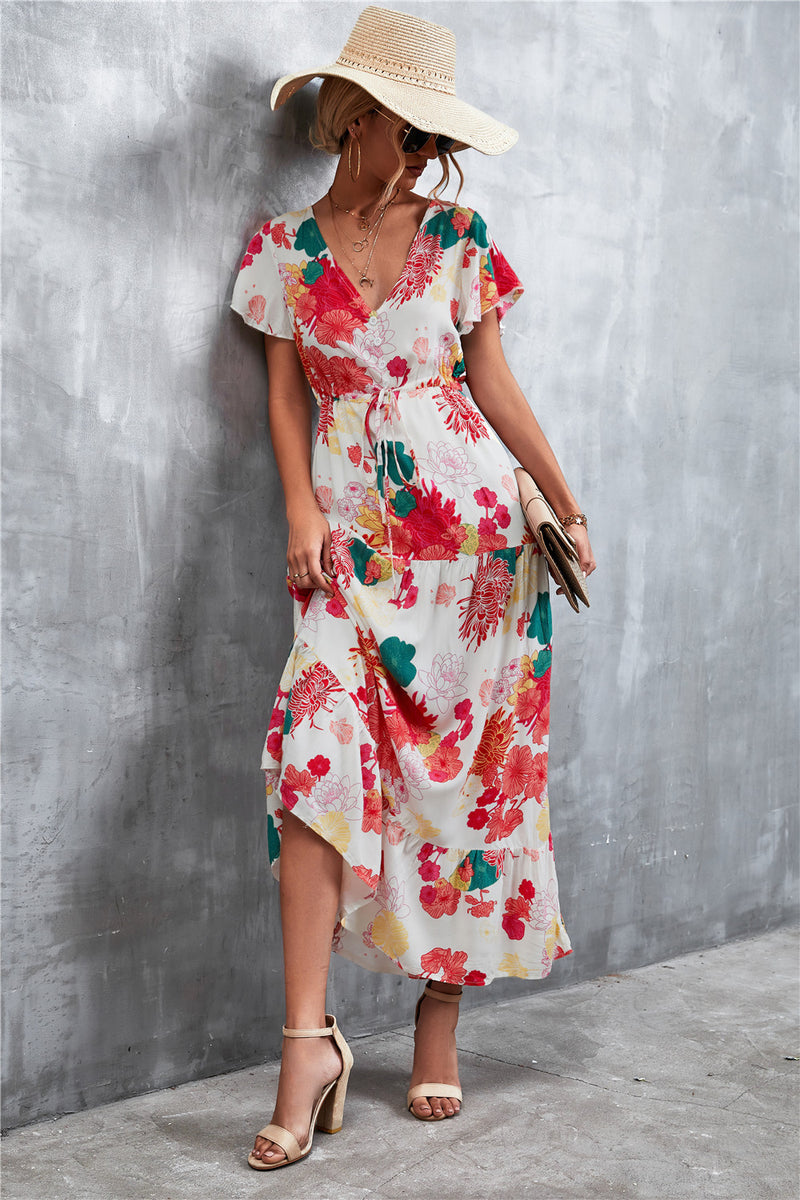 Casual Floral V Neck Short Sleeve Long Maxi Dress