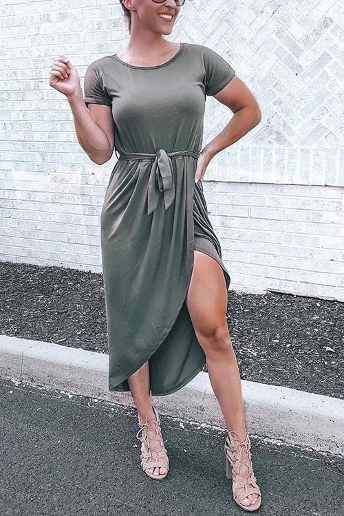 Lace Up Slit Casual Maxi Dress