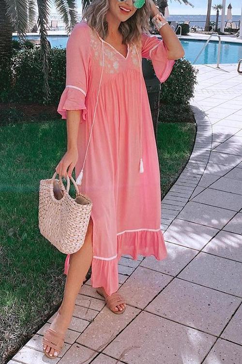 Embroidery Flares Sleeve Maxi Dress