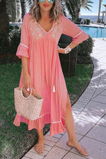 Embroidery Flares Sleeve Maxi Dress