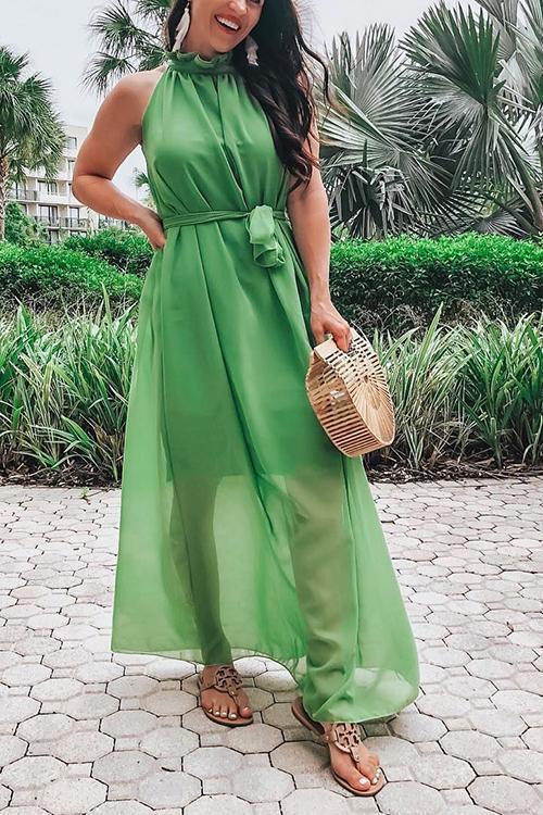 Halter Neck Belted Maxi Dress