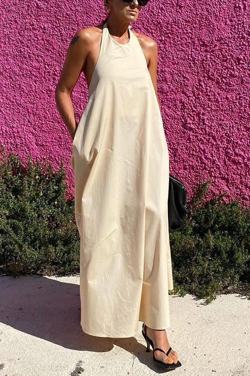 Pockets Halter Neck Backless Maxi Dress