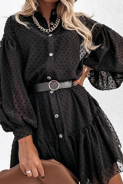 Button Puff Long Sleeve Mini Dress