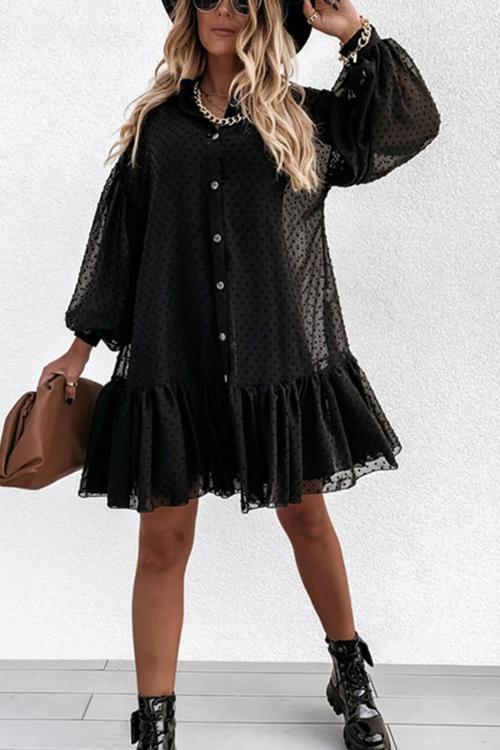 Button Puff Long Sleeve Mini Dress