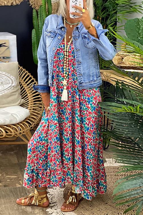 Floral Print V Neck Loose Maxi Dress