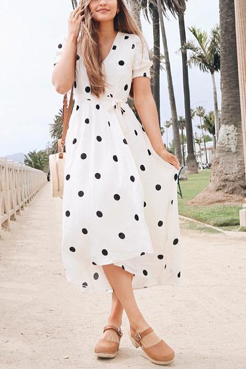 Dot Print Wrap Maxi Dress