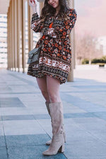 Floral Print Tassels Lace Up Long Sleeve Mini Dress