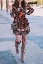 Floral Print Tassels Lace Up Long Sleeve Mini Dress