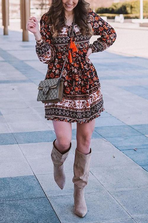 Floral Print Tassels Lace Up Long Sleeve Mini Dress