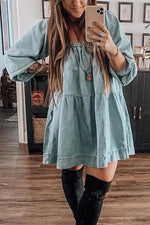 Cute Square Neck Puff Sleeve Denim Mini Dress