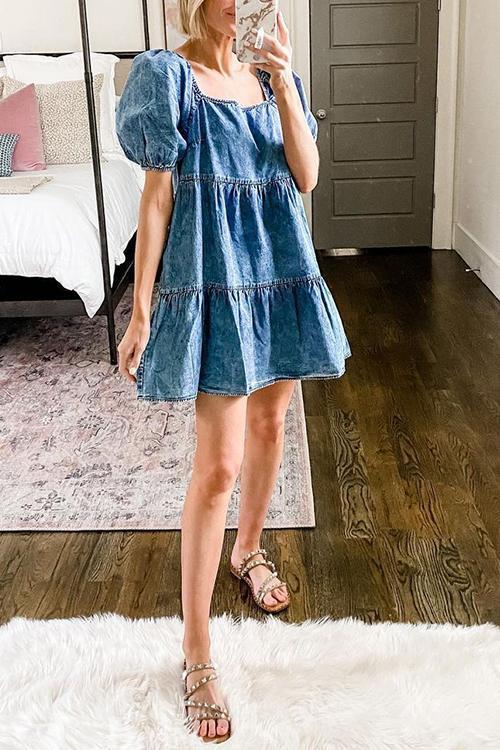 Cute Square Neck Puff Sleeve Denim Mini Dress