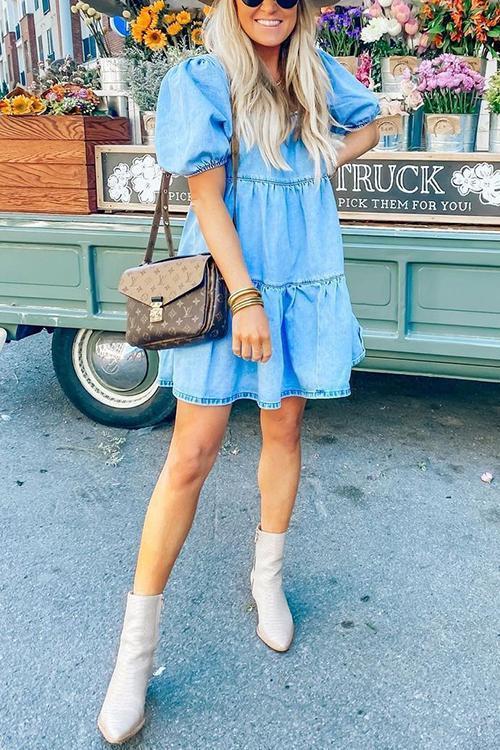 Cute Square Neck Puff Sleeve Denim Mini Dress