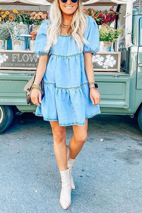 Cute Square Neck Puff Sleeve Denim Mini Dress