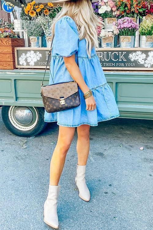 Cute Square Neck Puff Sleeve Denim Mini Dress