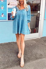 Cute Square Neck Puff Sleeve Denim Mini Dress