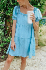 Cute Square Neck Puff Sleeve Denim Mini Dress