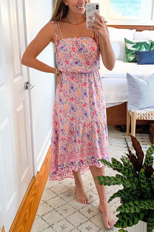 Print Drawstring Waist Slip Maxi Dress