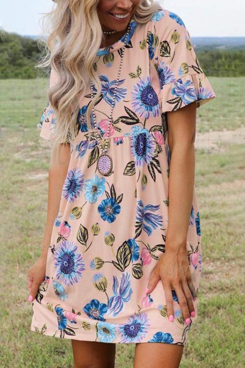 Floral Print Short Sleeve Mini Dress