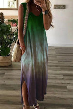 Gradient V Neck Pockets Slit Maxi Dress