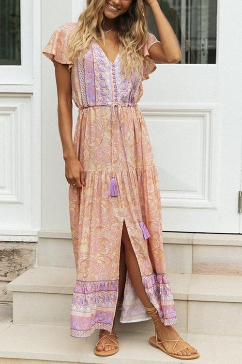 Boho Print Button Tassesl Maxi Dress