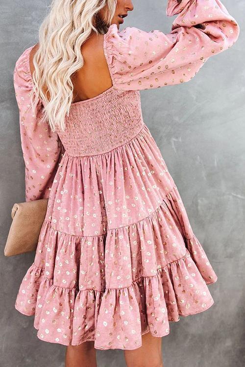 Hot Stamping Ruffles Elastic Puff Sleeve Mini Dress