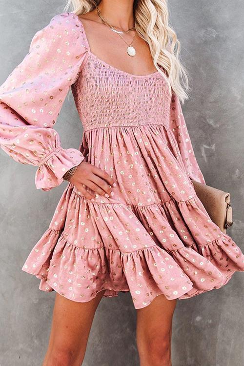 Hot Stamping Ruffles Elastic Puff Sleeve Mini Dress