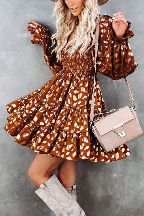 Hot Stamping Ruffles Elastic Puff Sleeve Mini Dress